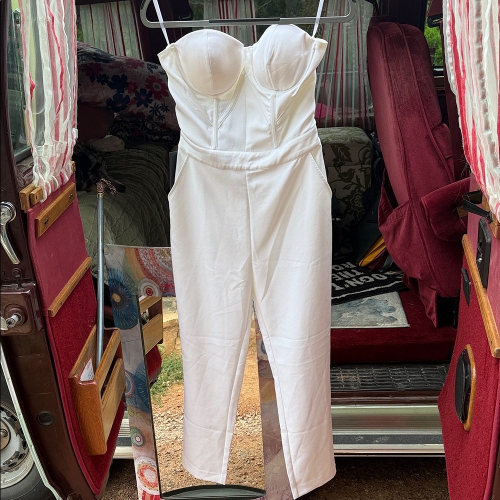 bebe White Strapless Jumpsuit